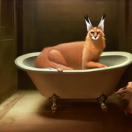 Image similar to cute caracal in bathtub, extremely detailed masterpiece, oil on canvas, low-key neon lighting, artstation, Blade Runner 2049, Roger Deakin’s cinematography, by J. C. Leyendecker and Peter Paul Rubens and Edward Hopper and Michael Sowa