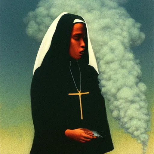 Image similar to a young black nun smoking and puffing lots of smoke, minimalistic background, by Beksinski