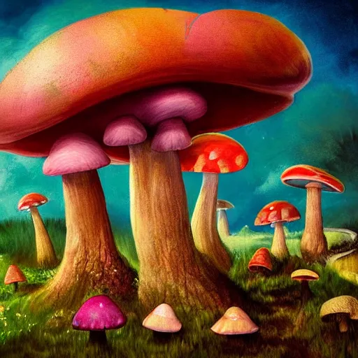 Prompt: a landscape painting with colorful growing mushroom underground, fairy-mushroom ot toabstool different forms and bodies, national geographic photos, trending on artstation