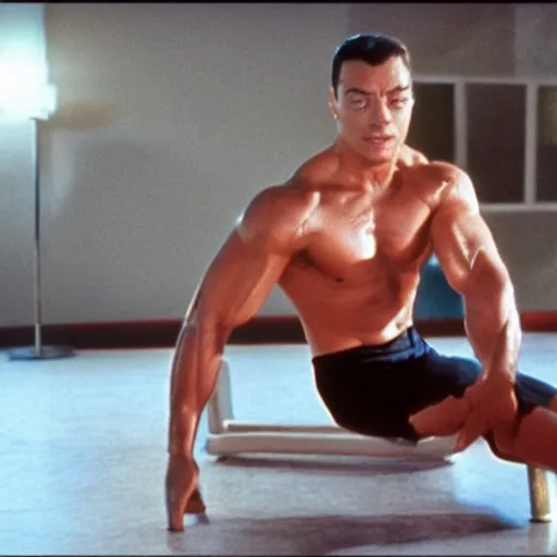 Image similar to cinematic still, young Jean Claude Vandamme doing the splits with a foot placed on separate chairs, dramatic lighting ,award winning, 4K