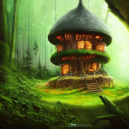 Image similar to a small mushroom house in the forest with a chimney and windows, green forest, overgrowth, beautiful, striking, artstation, concept art, matte painting