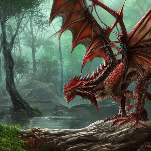 Prompt: a gargantuan dragon idly standing in a forest, peacefully drinking river water, intricately defined, complexly detailed, robustly ordinated, artist concept art, artist interpretation, trending on artstation, digital art, 4 k quality