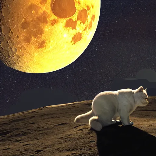 Prompt: a big fat cat guards a big fat dog on the moon, 3 d render, cosmic vibes