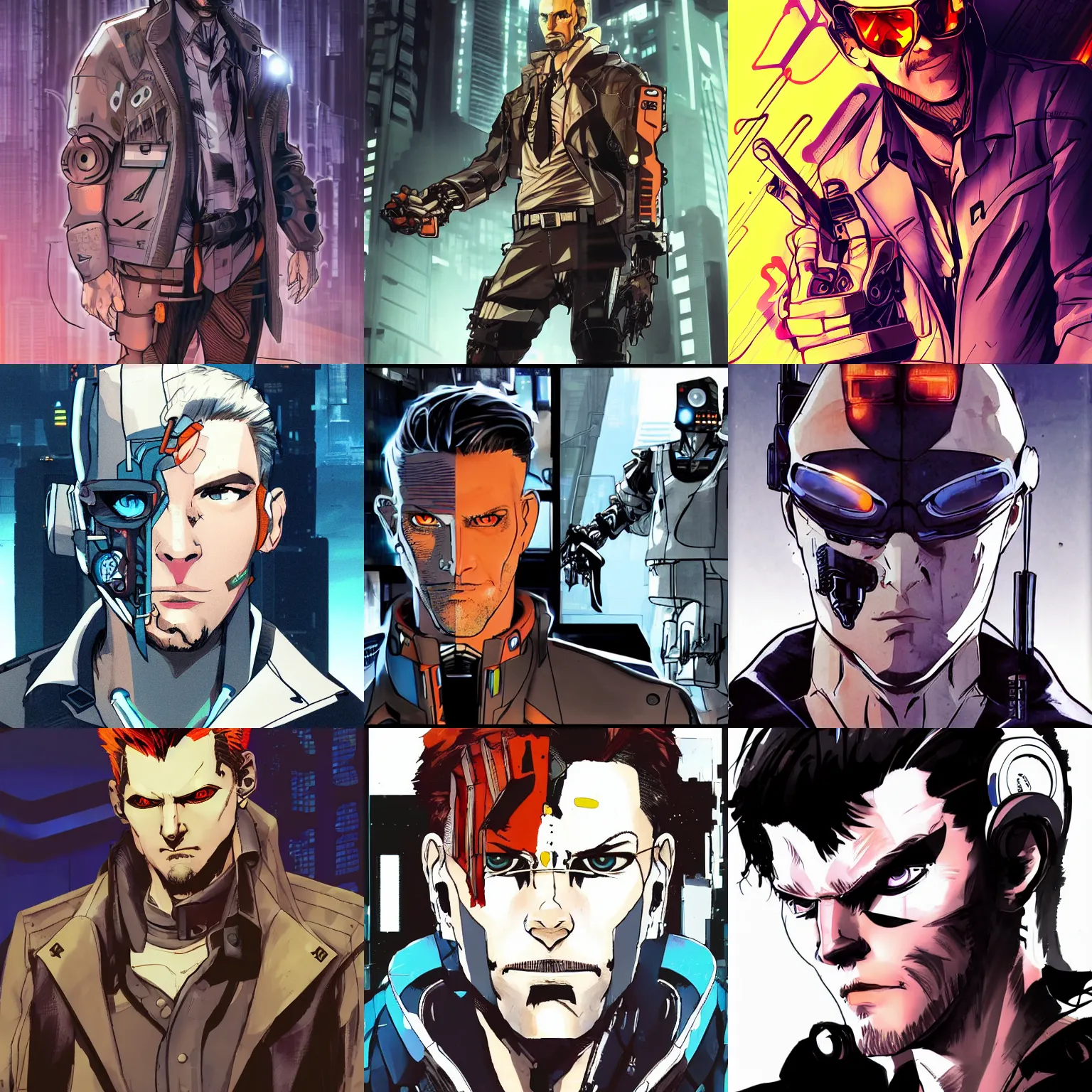 Prompt: 4 0 years old white man detective cyberpunk handsome with a cybernetic arm and orange eyes with an eye implant / yoji shinkawa style
