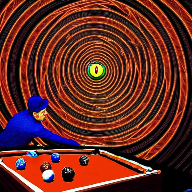 Image similar to portrait of god playing pool in a vortex, highly detailed digital art, by alex grey, chiaroscuro, awe inspiring
