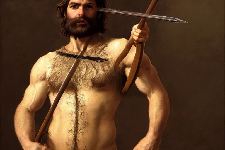 Image similar to renaissance painting full body portrait of a gruff ranger with a spear, lean and toned, handsome face, hairy chest and hairy body, D&D, intricate, elegant, highly detailed, digital painting, artstation, concept art, matte, sharp focus, chiaroscuro, well list, illustration, art by Artgerm and Greg Rutkowski and Alphonse Mucha