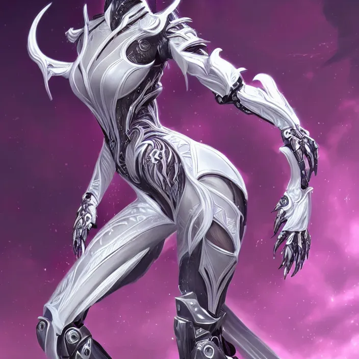 Image similar to highly detailed exquisite fanart, of a beautiful female warframe, but as an anthropomorphic robot dragon, shiny white silver armor engraved, Fuchsia skin beneath the armor, sharp claws, long tail, robot dragon hands and feet, elegant pose, close-up shot, full body shot, epic cinematic shot, professional digital art, high end digital art, singular, realistic, DeviantArt, artstation, Furaffinity, 8k HD render