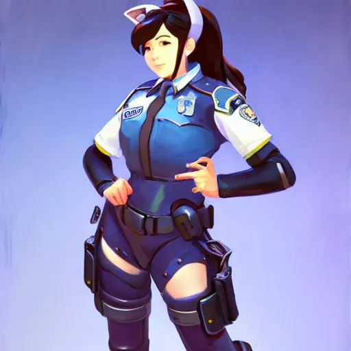 Image similar to D.VA from Overwatch wearing a police uniform, holding handcuffs in one hand Blizzard Concept Art Studio Ghibli. oil paint. 4k. by brom.