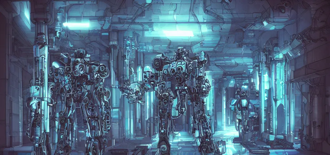 Prompt: “Mecha cyborg standing inside dark hall, on each side of the wall there are empty capsules , capsules glow blue, hall is very long and goes to the horizon, highly detailed, in the graphic style of Tim Shumate, detailed art, artstation, comic art ”