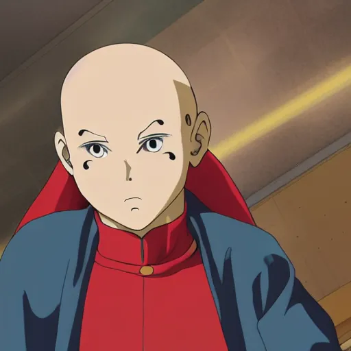 Image similar to anime baldy man with long - sleeved light - yellow shirt, red gloves, red boots and avery white cape