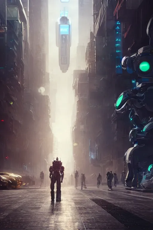 Image similar to a portrait of a robot in the middle foreground walking in the street of a sci-fi city by Greg Rutkowski, Sung Choi, Mitchell Mohrhauser, Maciej Kuciara, Johnson Ting, Maxim Verehin, Peter Konig, final fantasy , mythical, 8k photorealistic, cinematic lighting, HD, high details, atmospheric,