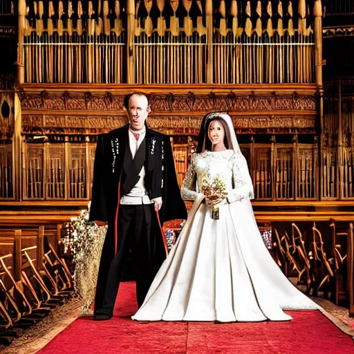 Prompt: A wide full shot, colored Russian and Japanese mix historical fantasy a photograph portrait taken at the royal wedding two choirs, an orchestra and chapel organ, photographic portrait, warm lighting, 1907 photo from the official wedding photographer for the royal wedding.