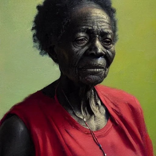 Image similar to a painting of a elder woman by Lynette Yiadom-Boakye . details, smooth, sharp focus, illustration, realistic, cinematic, artstation, award winning, rgb , unreal engine, octane render, cinematic light, macro, depth of field, blur, red light and clouds from the back, highly detailed epic cinematic concept art CG render made in Maya, Blender and Photoshop, octane render, excellent composition, dynamic dramatic cinematic lighting, aesthetic, very inspirational, arthouse.