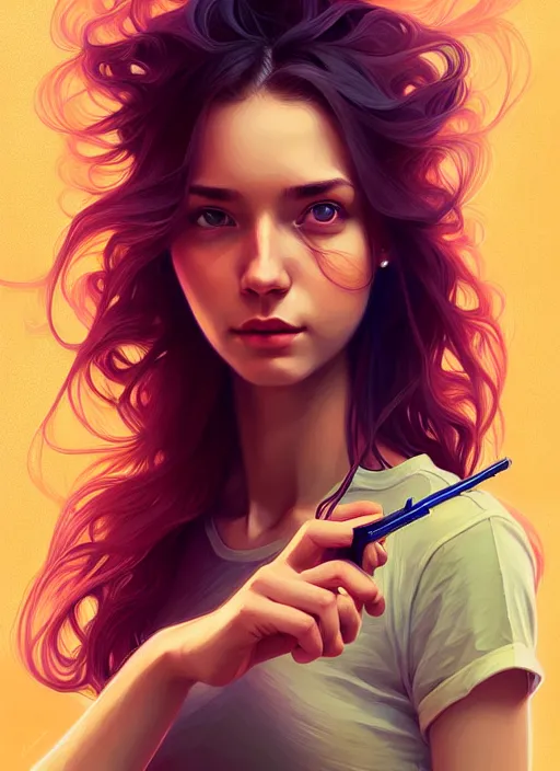 Image similar to handsome young women with shoulder length fire hair, half body shot, path traced, highly detailed, high quality, digital painting, alena aenami, lilia alvarado, shinji aramaki, karol bak, alphonse mucha, tom bagshaw