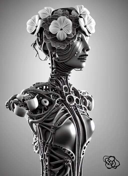 Image similar to monochrome 3 d model, biomechanical beautiful young female cyborg with porcelain profile face and a big floral eye, volumetric light, leaves foliage and stems, hibiscus flowers, boho floral vines, sinuous fine roots, fine foliage lace, alexander mcqueen, rim light, big gothic fashion pearl embroidered collar, steampunk, octane render, 8 k