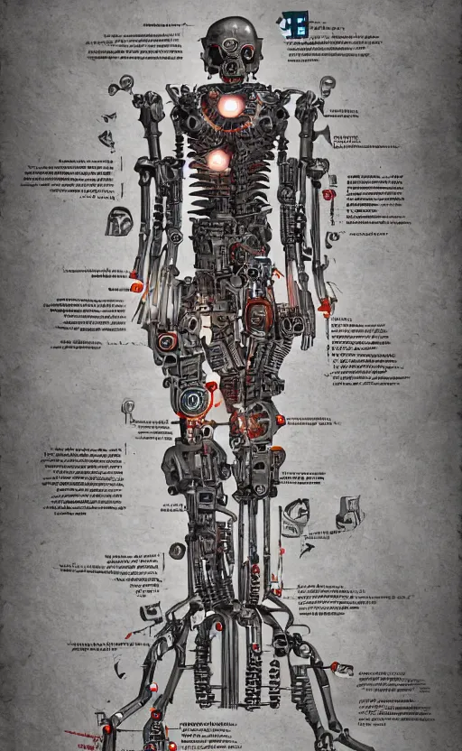 Prompt: anatomy of the terminator, robot, cyborg, t100, bloodborne diagrams, mystical, intricate ornamental tower floral flourishes, rule of thirds, technology meets fantasy, map, infographic, concept art, art station, style of wes anderson