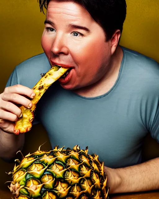 Image similar to Portrait of a drunk Michael Mcintyre eating a pineapple in a nightclub in Porto,real life skin, intricate, elegant, highly detailed, artstation, concept art, smooth, sharp focus, photo