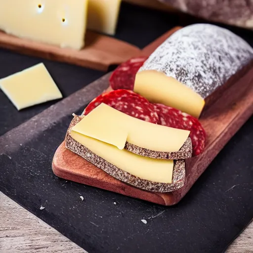 Prompt: professional food photography of a piece of russian black rye bread with slices of salami and a slice of cheese, very tasty, aesthetic