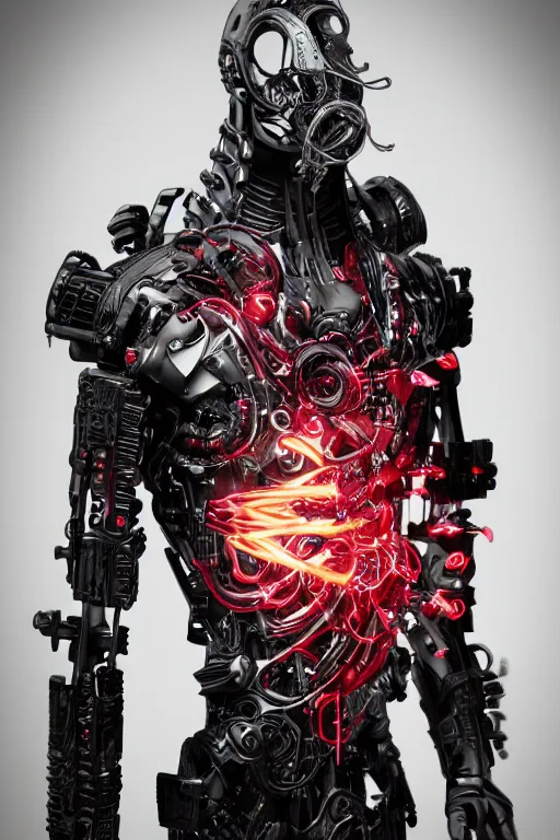 Image similar to full-body cyberpunk style sculpture of a young handsome dark god of battle, half android with a head opening exposing circuitry, glowing red eyes, black roses, flowing blood-red colored silk, fabric, candles. baroque elements, genetically augmented cyborg male. full-length view. baroque element. intricate artwork by caravaggio. Trending on artstation, octane render, cinematic lighting from the right, hyper realism, octane render, 8k, depth of field, 3D