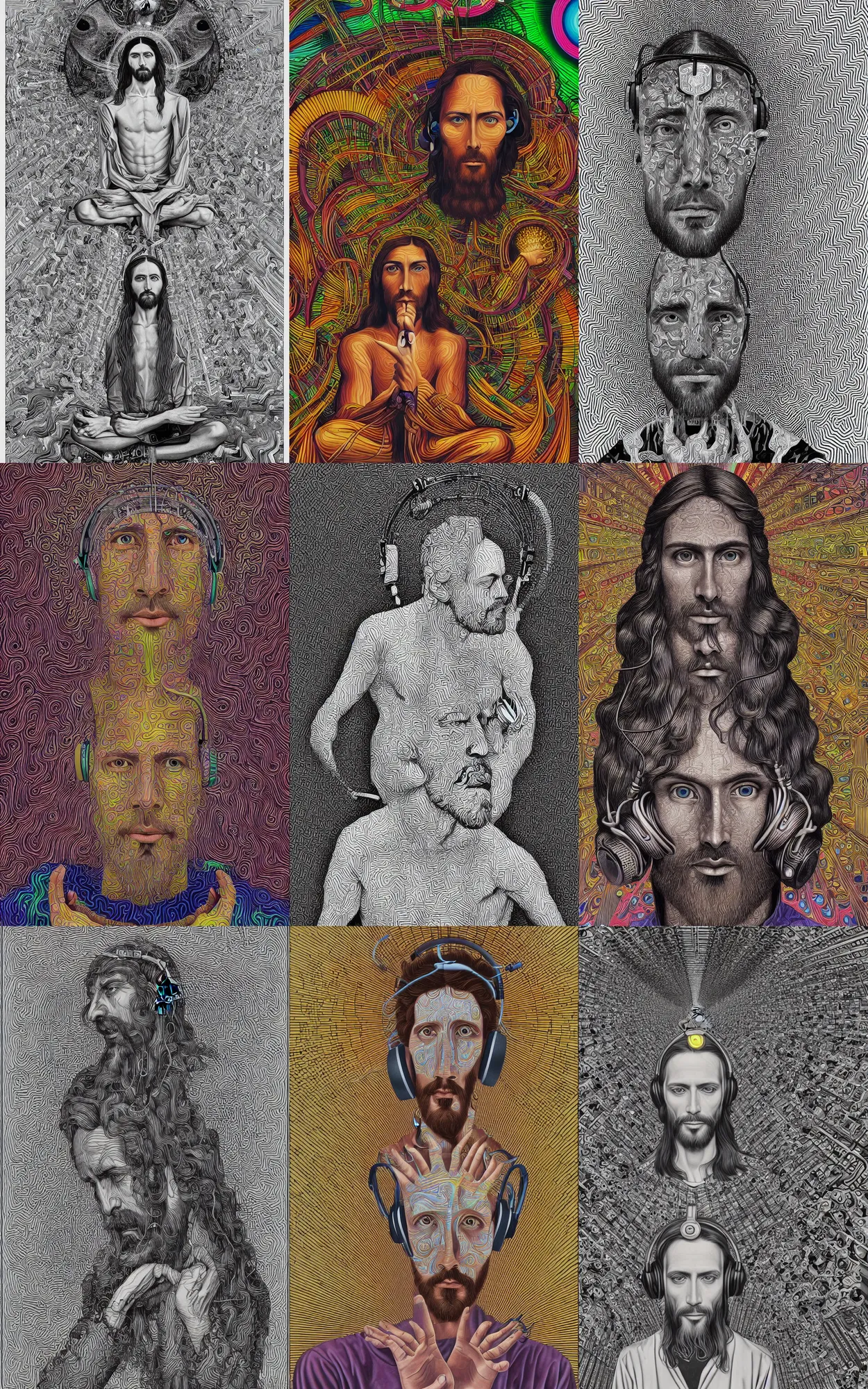 Prompt: jesus with a pair of headphones on sitting at his modular synthesizer, artwork in the style of alex grey, m. c. escher, android jones and max chroma