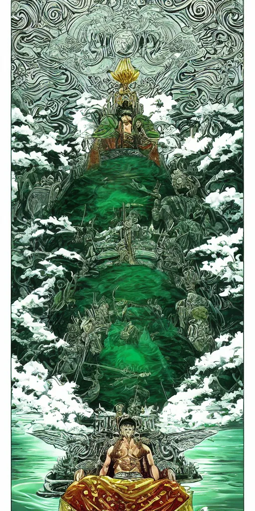 Prompt: a lone emperor sitting on a emerald throne floating on water in the middle of a lake drawn by Makoto Yukimura in the style of Vinland saga anime, full color, detailed, psychedelic, Authority, structure, a father figure