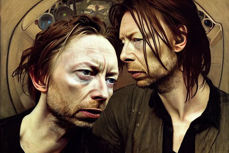 Image similar to hyper realistic portrait of wider faced thom yorke mixed with david bowie, bigger forehead, bigger chin, on a stage, by lee bermejo, alphonse mucha and greg rutkowski