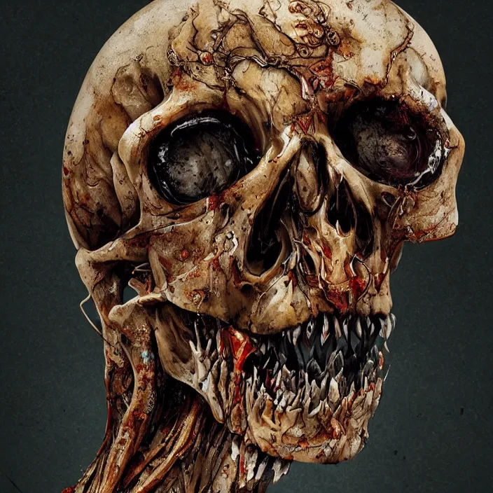 Image similar to portrait of a melting skull. razor sharp teeth. infected with zombie fungus. intricate abstract. intricate artwork. nightmare fuel. by Tooth Wu, wlop, beeple, dan mumford. octane render, trending on artstation, greg rutkowski very coherent symmetrical artwork. cinematic, hyper realism, high detail, octane render, 8k, iridescent accents