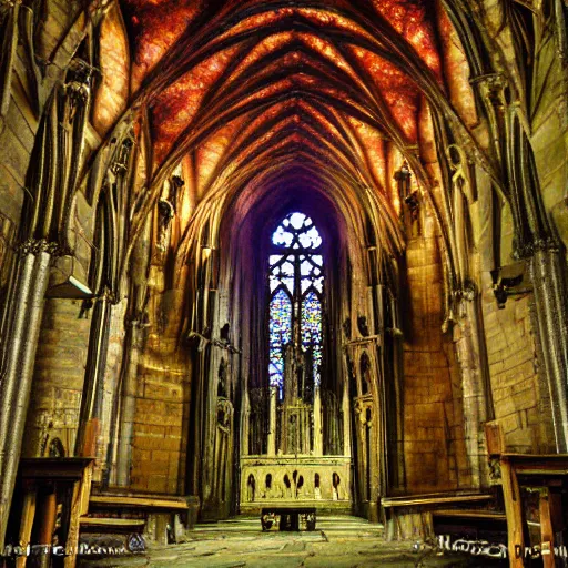 Prompt: gothic chapel of ancient powers, mystic, liquification, melted shadows, 8 k dop dof hdr, fantasy art by tae young choi