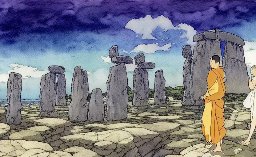 Image similar to a hyperrealist studio ghibli watercolor fantasy concept art. in the foreground is a giant monk in a grey robe lifting a stone. in the background is stonehenge. the scene is underwater on the sea floor. by rebecca guay, michael kaluta, charles vess