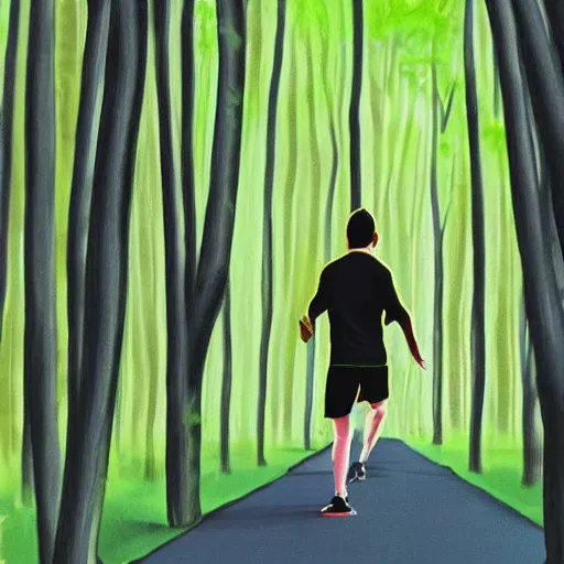 Prompt: a sporty guy runs alone through a forest with tall trees, acid-green sneakers, a photo from the back in perspective, art by Outram Steven,