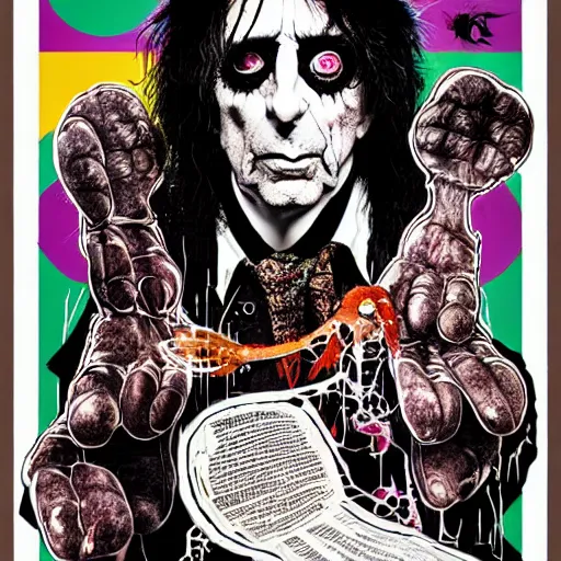 Image similar to graphic illustration, creative design, alice cooper, biopunk, francis bacon, highly detailed, hunter s thompson, mixed media