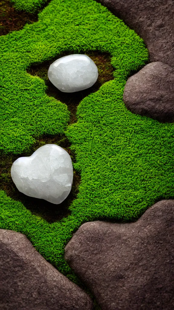 Prompt: a crystal heart laying on moss in a serene zen garden, light rays are coming through the leaves above, god rays, beautiful award winning macro photography, unreal engine 5, trending on artstation, serene secluded garden, isometric angle,