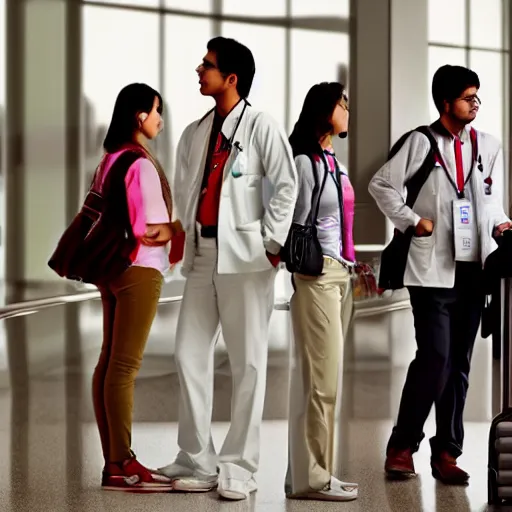 Image similar to Anxious good looking young Indian doctors in American clothes waiting at an airport, by Feng Zhu, highly detailed, excellent composition, cinematic concept art, dramatic lighting, trending on ArtStation