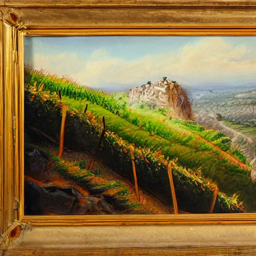 Image similar to highly detailed painting of a cliff side, at the bottom is a vineyard, thick brush strokes, visible paint layers.