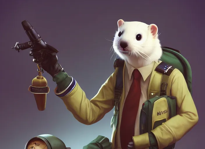 Image similar to character portrait feature of the anthro male anthropomorphic ferret fursona wearing airline pilot outfit uniform professional pilot character design stylized by charlie bowater, ross tran, artgerm, and makoto shinkai, detailed, soft lighting, rendered in octane