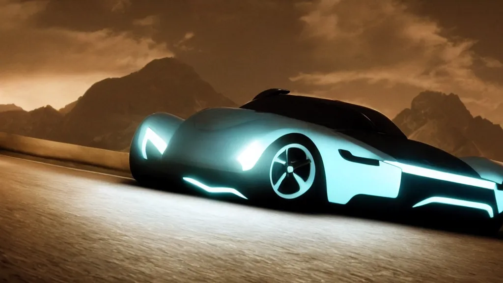 Image similar to a futuristic minimalist sports car driving down a mountain road at night, film still from tron legacy