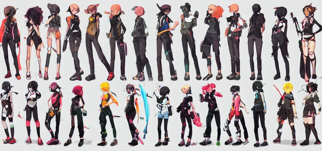 Image similar to character sheet concept art of female video game characters inspired by flcl, unique silhouettes, cute casual streetwear, by marc brunet and artgerm