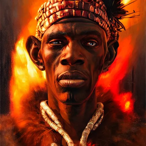 Prompt: shaka zulu as a cybperpunk gangster, eating fire in the neon ghetto, by greg rutkowski and android jones in a surreal portrait style, oil on canvas, 8k