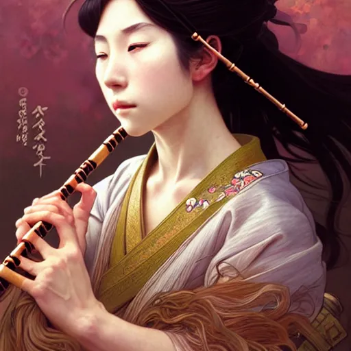 Prompt: Portrait of a japanese girl playing a cross flute, face, fantasy, intricate, elegant, highly detailed, digital painting, artstation, concept art, smooth, sharp focus, illustration, art by Fernanda Suarez and Artem Demura and alphonse mucha