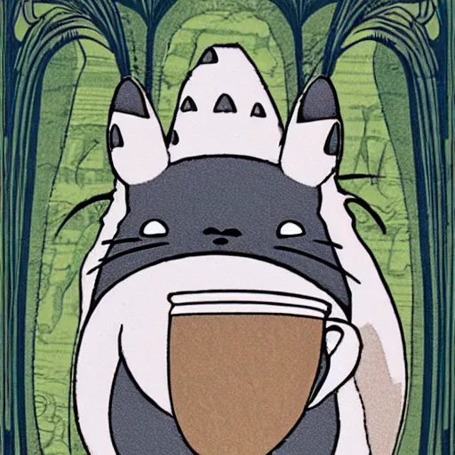 Image similar to totoro drinking coffee, art nouveau, print, detailed