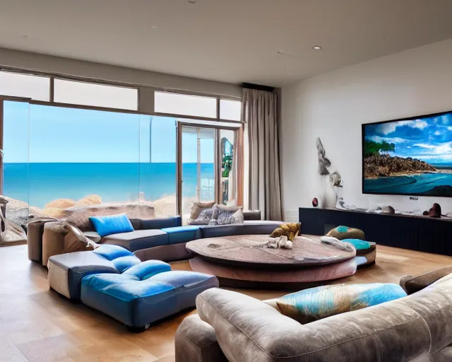 Prompt: A modern living room inspired by the ocean, a luxurious wooden coffee table with large seashells on it, 100 inch television playing drake and josh, amazing detail, 8k resolution, blue color, calm, relaxed style, harmony, wide angle shot