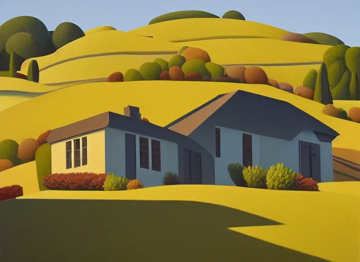 Prompt: a yellow manor on a hill, evening, summer, painting by kenton nelson