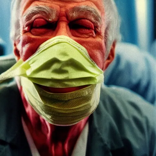 Image similar to closeup color 30mm film movie photograph of a 70-year old doctor wearing a surgical mask being smothered by a dangerous shape shifting alien creature, with multiple mutated snarling drooling human faces with a grotesque variety of gorey human and animal limbs protruding from its lower torso 1982