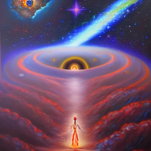 Image similar to facing the evil darkness dark star galactic nebular astral realm sacred journey in oil painting, trending on artstation, award winning, emotional, highly detailed surrealist art