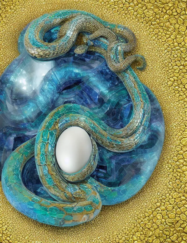 Image similar to a photo of a sculpture of a snake made from blue and emerald and amethyst crystal geode formations encircling a marble egg on a base of obsidian made with liquid gold tendrils flowing by ellen jewett by stanisław szukalski, octane render, recursive, tendrils, elestial crystals, geode, refracted light