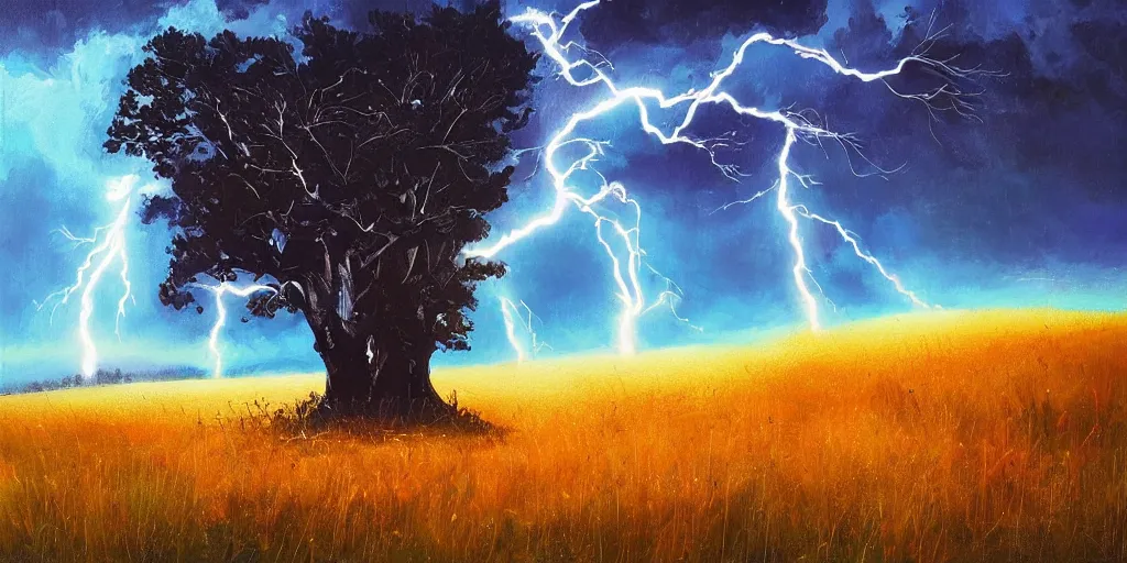 Image similar to lightning strikes a tree in the middle of a field, painting By Alena Aenami,