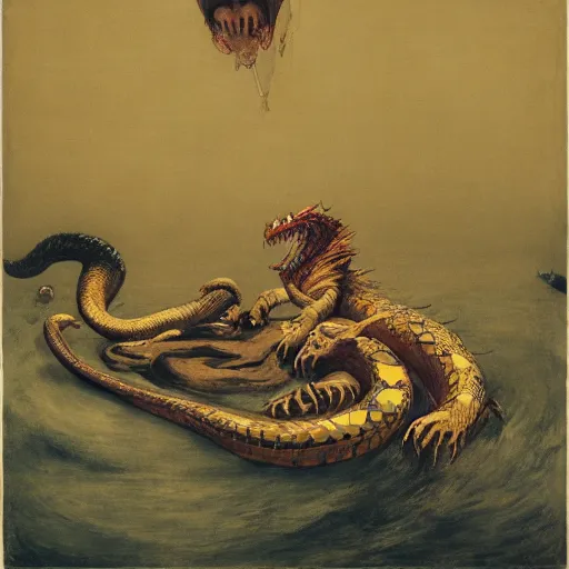 Prompt: neck neck eyes fangs serpent serpent python wearing a lion lion costume neck tall long snake viper j.m.w. turner greg rutkowski giorgio de chirico william merritt chase ralph steadman arsen savadov dan witz uta natsume aquatint