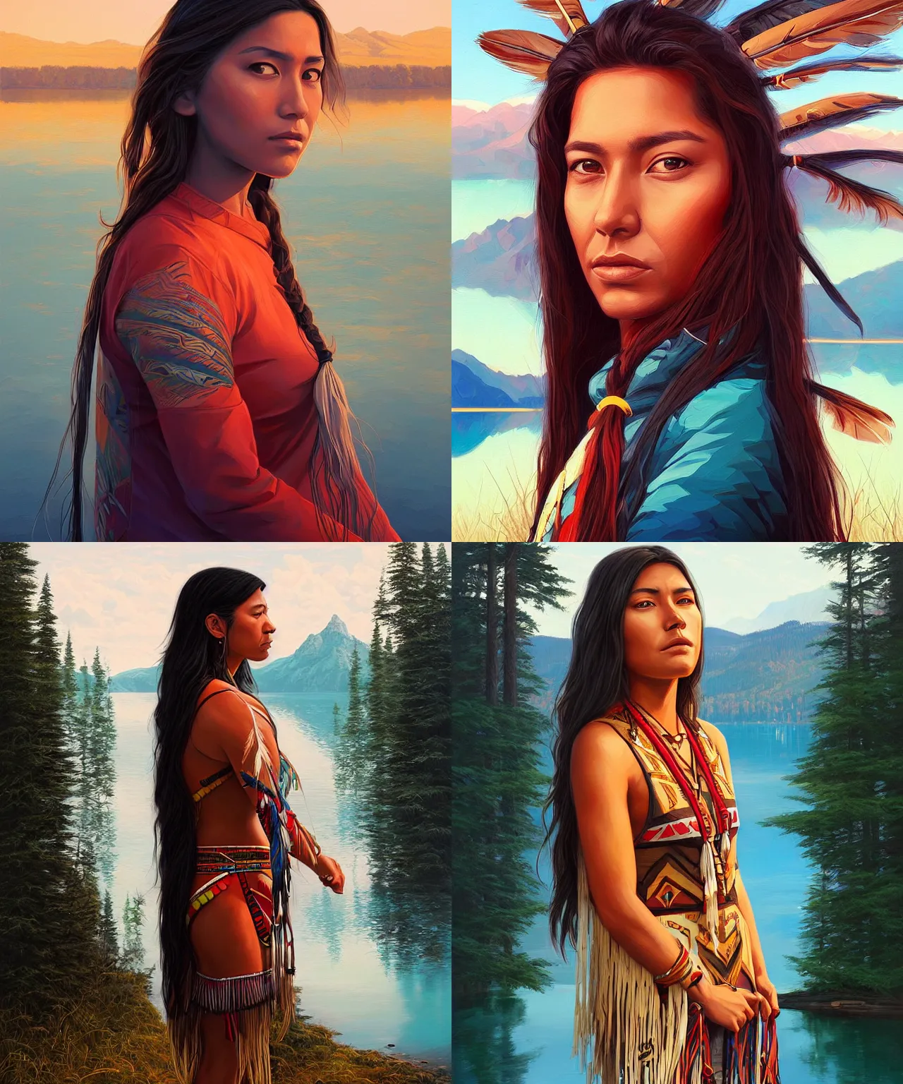 Prompt: portrait of a native american woman drawn by artgerm, wide shot, standing next to a lake by alena aenami, digital artwork by karol bak and rhads, jason chan