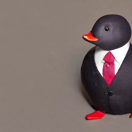 Image similar to a high detail photo of an antropomorphic duck wearing a suit, subject= duck, subject detail: wearing a suit, photorealism