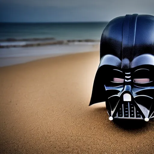 Image similar to darth vader mask laying on an abandoned beach, crabs crawling around, raining, somber